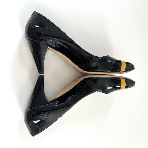 Tod's Women Black Yellow Band Patent Leather Square Toe Cut Out Heels 36 / 6 - Picture 11 of 13